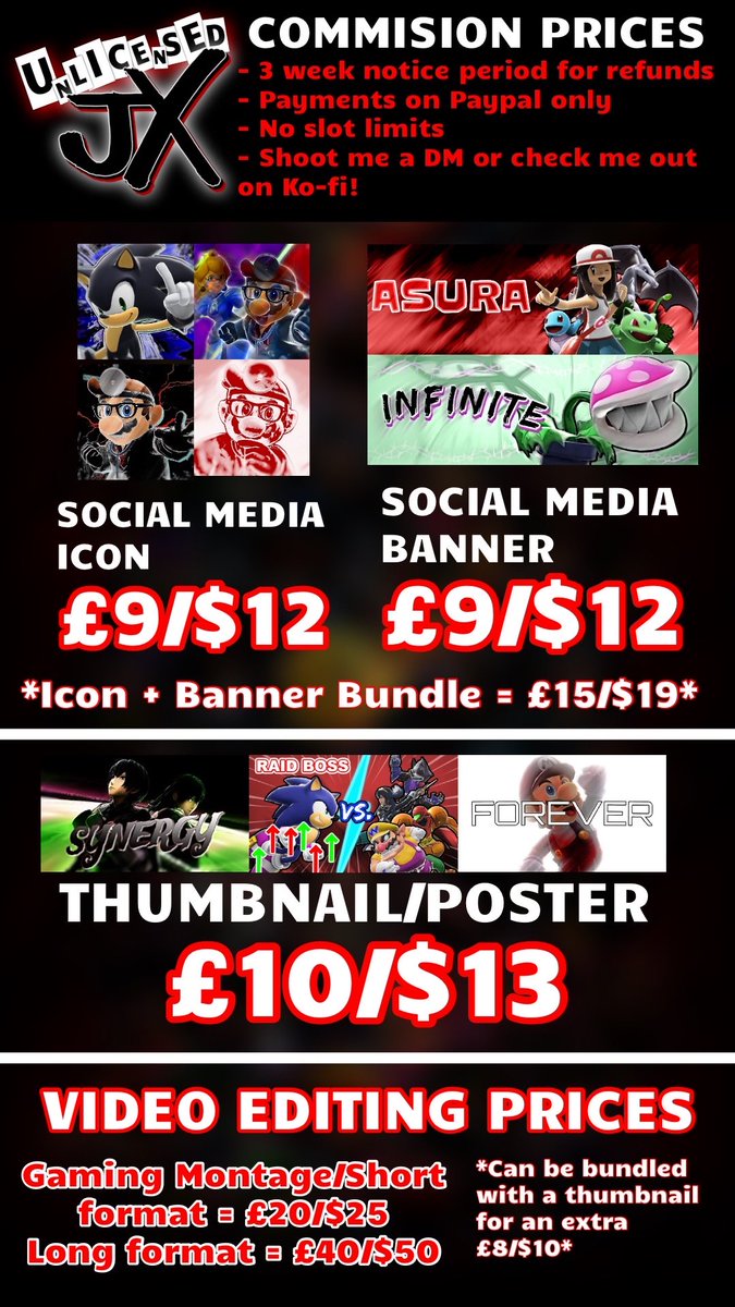 finally a new pinned tweet

anyways comms are open! here is the pricing!

dm me or check me out on: ko-fi.com/unlicensedjx