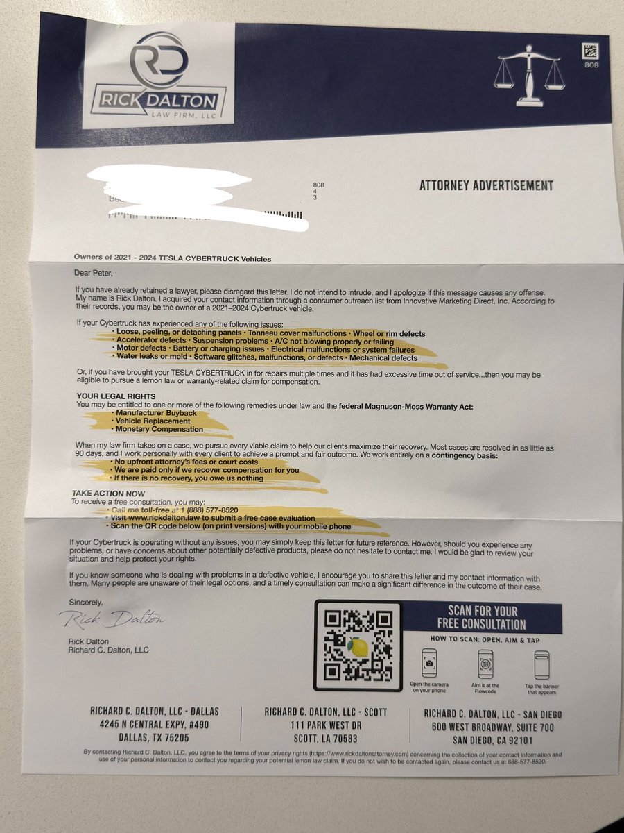 Abstract_Ocean's tweet image. Got this in the mail today. I guess attorneys are scraping public records for cybertruck owners now (badly, since it says 2021-2024 cybertruck…)