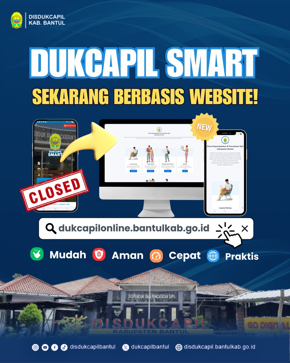 Sekarang, layanan Dukcapil Smart sudah bertransformasi jadi berbasis website!

📱 Tidak perlu repot install aplikasi, cukup lewat browser buka dukcapilonline.bantulkab.go.id

Yuk, gunakan layanan online yang lebih simple dan friendly untuk semua perangkat. 💙

#DukcapilSmart #Infobantul