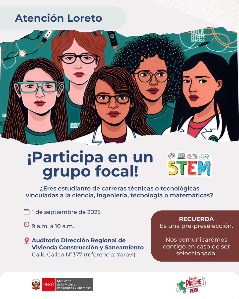 MimpPeru's tweet image. 🎯 ¿Eres estudiante de las carreras técnicas o tecnológicas en #Loreto?

¡Esta invitación es para ti! 👩‍🔬👩‍💻
💬 Estamos formando un Grupo Focal con mujeres estudiantes de carreras técnicas y tecnológicas vinculadas a las ciencias y tecnologías. 
¡Queremos escuchar tu voz!

📍