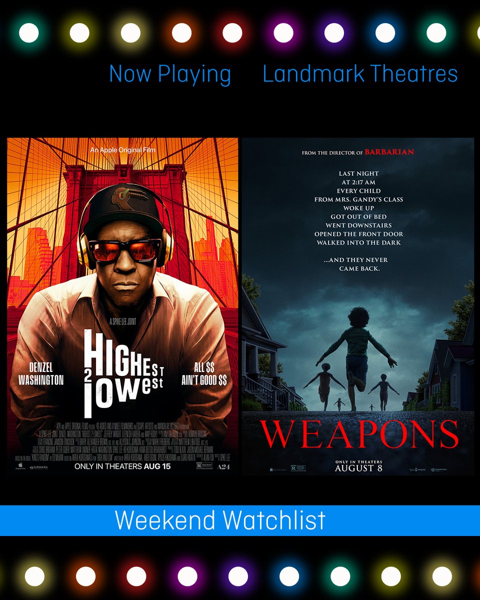 LandmarkLTC's tweet image. Your weekend watchlist is locked in 🎬🍿
🔥 HONEY, DON&apos;T
🔁 RELAY
🎧 HIGHEST 2 LOWEST
🔫 WEAPONS
Now playing at select Landmark Theatres! What are you seeing first? #LandmarkTheatres #WeekendWatchlist