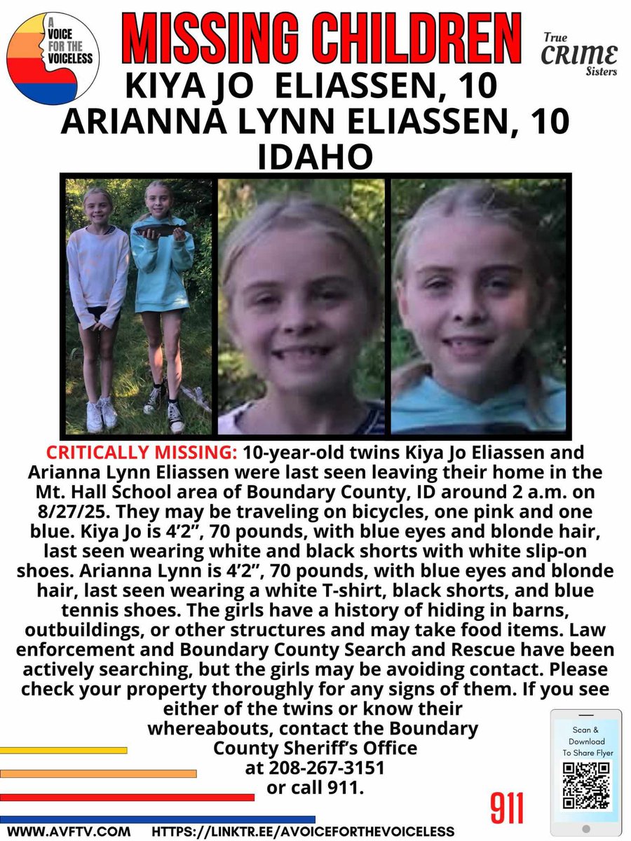 🚨 CRITICALLY MISSING CHILDREN 🚨10-year-old twins Kiya Jo Eliassen and Arianna Lynn Eliassen were last seen leaving their home in the Mt. Hall School area of Boundary County, Idaho around 2 a.m. on August 27, 2025. They may be traveling on bicycles, one pink and one blue.