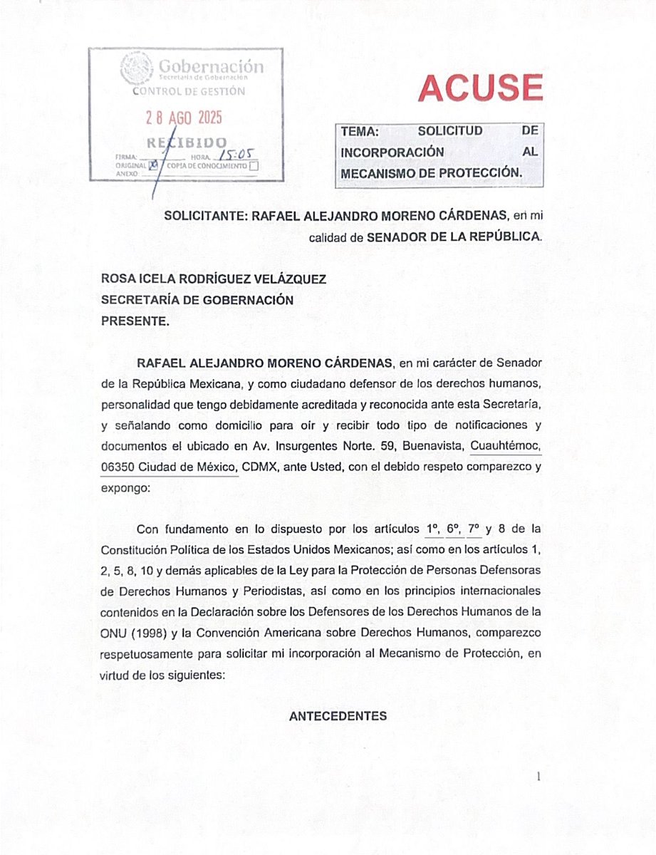 Presentamos ante la <a href="/SEGOB_mx/">Gobernación</a> la solicitud formal de incorporación al Mecanismo de Protección, tras las amenazas directas por parte de <a href="/fernandeznorona/">Fernández Noroña</a> y Emiliano González González, hacia a mi persona y hacia los legisladores <a href="/manuelanorve/">Manuel Añorve Baños</a>, <a href="/rubenmoreiravdz/">Rubén Moreira</a>, <a href="/PabloAnguloB/">Pablo Angulo Briceño</a>,