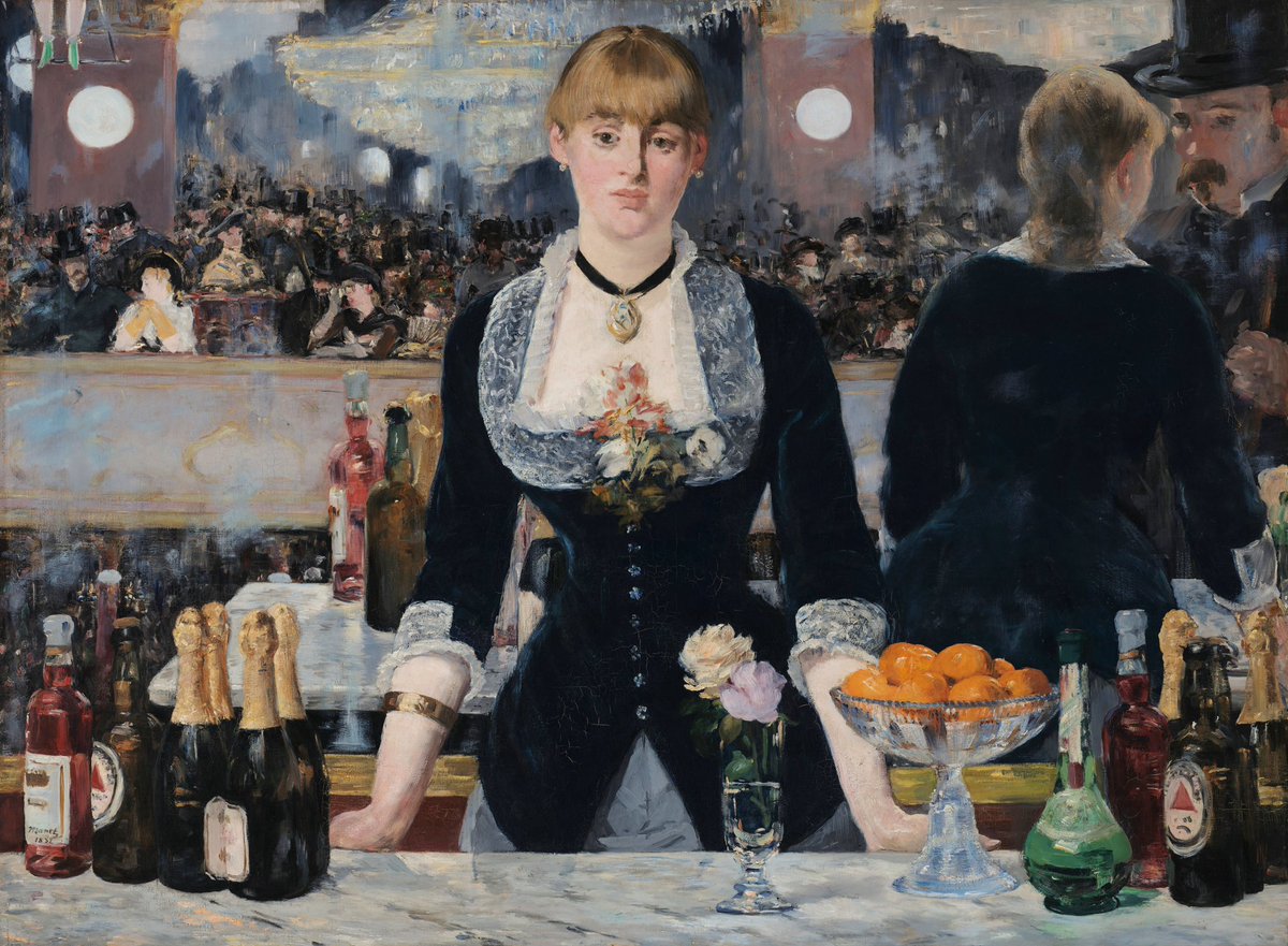 Telewhale's tweet image. “A Bar at the Folies-Bergère” (1882) by Édouard Manet captures Parisian nightlife with a twist of illusion. The barmaid faces us, yet in the mirror she turns to a customer. Amid champagne and bright lights, her detached gaze hints at the loneliness behind spectacle. 🍊