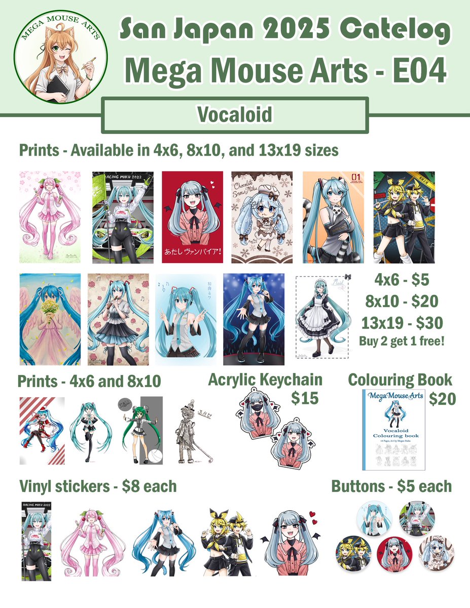 Catalog for San Japan 2025! 
I didn’t get pages made for all my inventory, but here are my new prints and keychains, as well as all my vocaloid arts! ٩( 'ω' )و
(Catalog spelled wrong because Photoshop doesn’t autocorrect and I haven’t gotten much sleep this week… (๑&gt;◡&lt;๑))