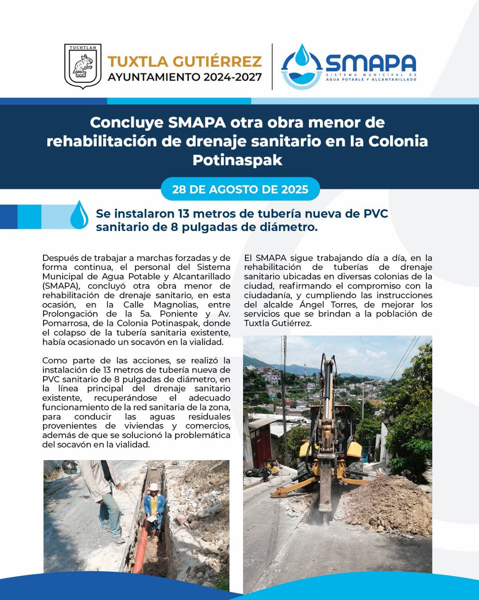 #SMAPAInforma 
Concluye SMAPA otra obra menor de rehabilitación de drenaje sanitario en la Colonia Potinaspak