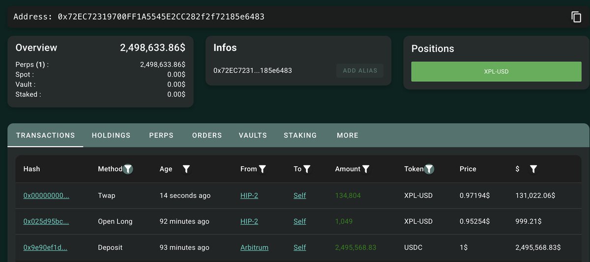 Another whale wallet transaction history on Hyperliquid with XPL trades