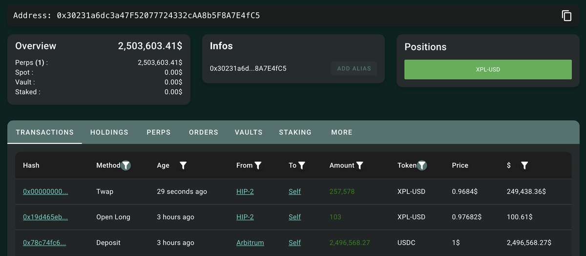 Screenshot of whale wallet on Hyperliquid showing USDC deposit and XPL long position
