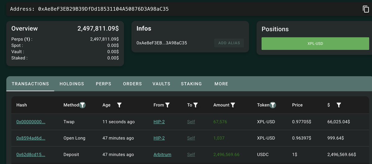Fourth wallet showing recent swaps and longs on XPL