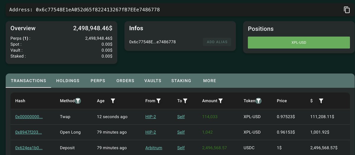 Third wallet overview displaying positions in XPL-USD