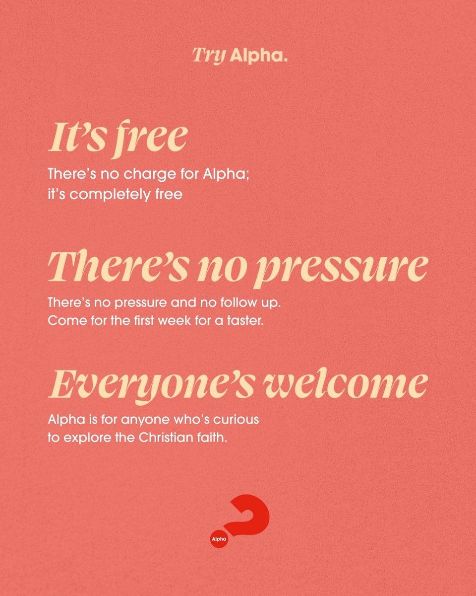 Alpha is starting on the 16th September on Tuesday evenings 7-8.30pm. 

We'd love to welcome you to join us. Free food too. 

Sign up online if you want to come give it a try: stmichaelsbishopscleeve.co.uk/alpha