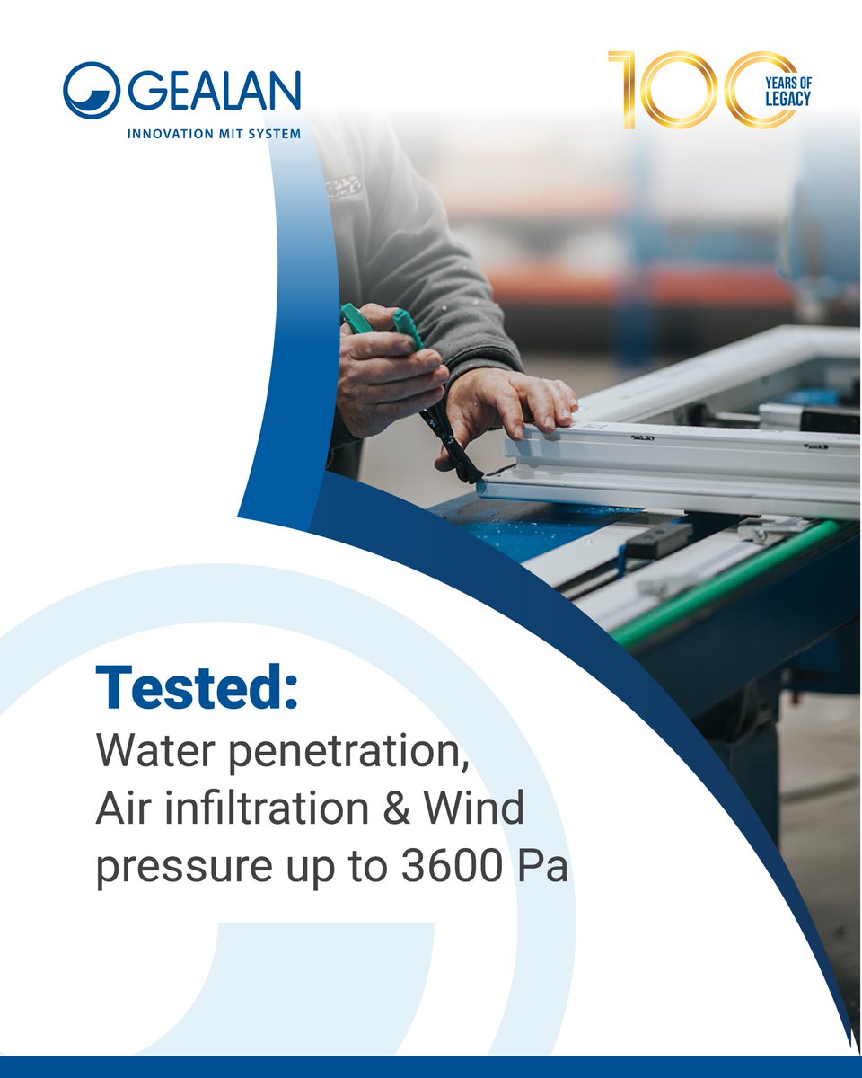GealanIndia's tweet image. At GEALAN, innovation meets precision! 💡
Our uPVC systems are rigorously tested for water penetration, air infiltration, and wind pressure up to 3600 Pa, ensuring unmatched durability, strength, and performance in all weather conditions. 🌦️💨

#GEALAN #uPVC #WindowSystems