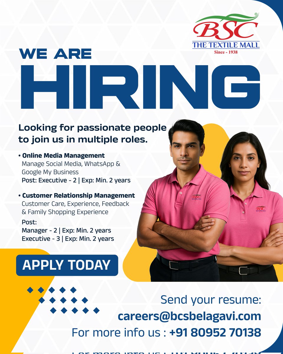 bsctextilemall's tweet photo. Your next career move starts here.
We’re hiring for exciting roles across digital &amp; in-store.
Check the details &amp; apply now! https://t.co/CYV3vj8qRB