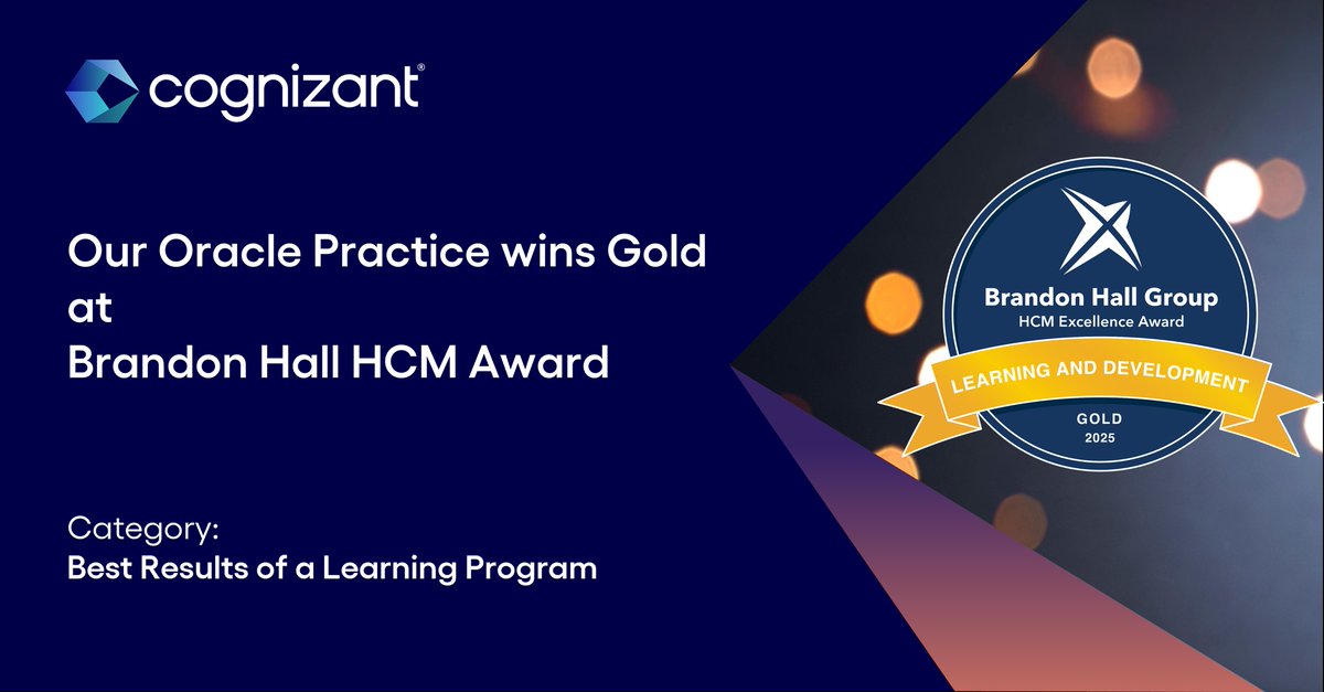 UweScheuber's tweet image. We’re happy to share that @Cognizant has won the prestigious Brandon Hall HCM Award for our Oracle Certification Program. 
Explore our wins here: cogniz.at/4oW0abm
Filters: Entrant – Cognizant | Year – 2025

#LearningExcellence #BrandonHallAwards