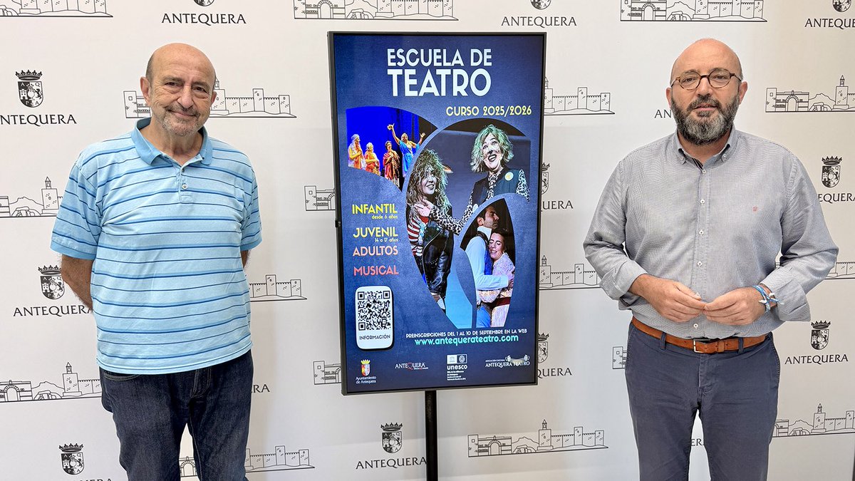 #EsNoticia | La Escuela Municipal de Teatro contará el curso 2025/26 con 12 grupos:
🙋🏼‍♀️ 7 adultos
👦🏻 3 infantil
👧🏼 1 juvenil
🧑🏻‍🎤 1 musical

Preinscripciones ya en antequerateatro.com, del 1 al 10 #septiembre

📲 Más información:
antequera.es/noticias/busca…

#Antequera es #MásCiudad