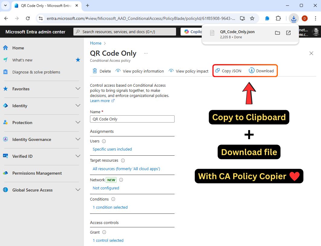 DanielatOCN's tweet image. 𝐂𝐀 𝐏𝐨𝐥𝐢𝐜𝐲 𝐂𝐨𝐩𝐢𝐞𝐫 is now on the Chrome Web Store! Check out the instructions and install link here > ourcloudnetwork.com/export-conditi…
With CA Policy Copier, you can quickly copy or download individual Conditional Access policies in JSON format, which can serve as a temporary…