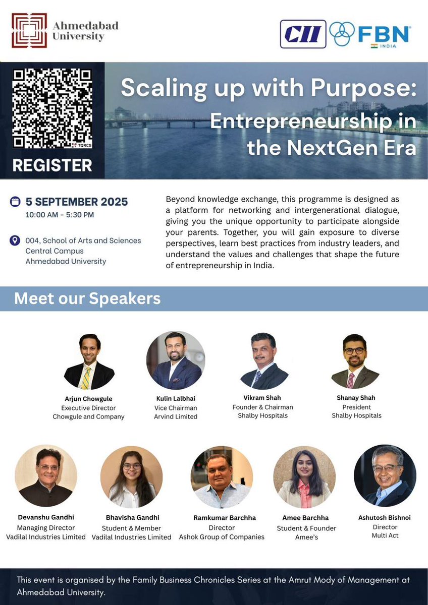 🌟 Scaling up with Purpose: Entrepreneurship in the NextGen Era
📅 5 Sept 2025 | 🕙 10 AM – 5:30 PM
📍 Ahmedabad University
Join industry leaders &amp; next-gen changemakers for a day of insights, stories &amp; networking that will shape the future of entrepreneurship in India.