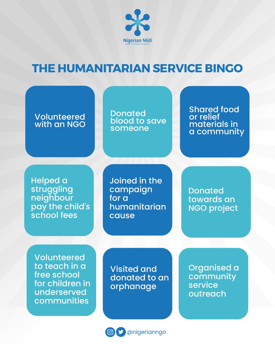 Humanitarian services are important. It is a way to give back to the society and humanity.

How many boxes can you tick? Share your score with us in the comment session. (Each box carries one point)

We've released our newsletter ( NGO News Highlight) for this month. Click the
