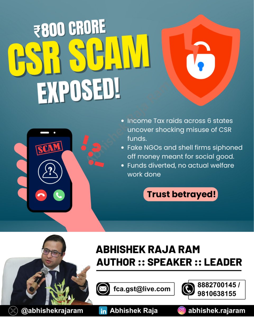 abhishekrajaram's tweet photo. ₹800 Cr CSR scam busted! 🚨 IT raids across 6 states expose fake NGOs &amp; shell firms siphoning funds meant for social good. Trust betrayed, welfare compromised. 

#CSRScam #TaxUpdate #CorporateFraud https://t.co/RJ5K48Okif