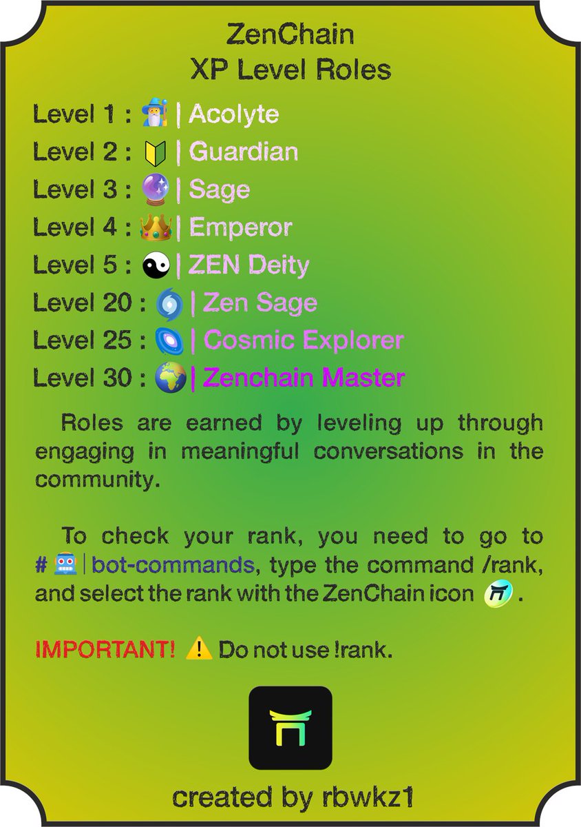 rbwkz131313's tweet photo. ๐ Grow with #ZenChain!
ZenChain Discord Levels & Roles
@zen_chain @ZenChainFam
#ZenChain #ztc #infographic
#LevelUp #LvlUp #NextLevel #MsgCounter #TopMessages #GrindLvl #ChatActivity #XPsystem
#ZenChainDiscord #ZenChainLvl #ZenChainMsg #ZenChainActivity #ZenChainRank https://t.co/XFceh3tFkg