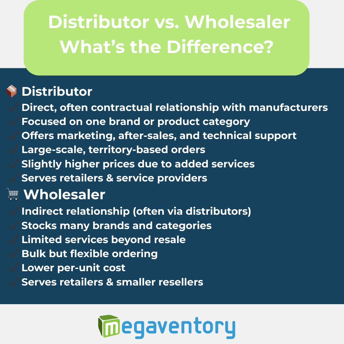 Wholesaler vs. Distributor 🤔
Which one is the best fit for your supply chain?

✅ Key differences
✅ Pros &amp; cons
✅ How to choose the right partner

Read the full guide 👉 buff.ly/n21Yf8k

#SupplyChain #SMB #Megaventory #ERP