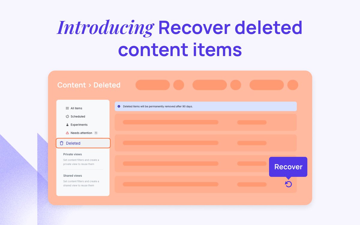 Ever accidentally deleted content? 🗑️ Our new Deleted view lets you quickly recover any items with a few clicks. No more panic when something vanishes, just restore what matters in seconds!  🤝 

#ContentManagement #ProductUpdate #UserExperience #HeadlessCMS #CMS
