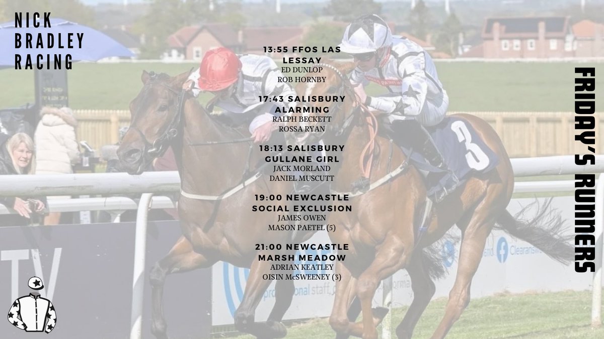 We have five runners on the day, which includes three 2yo fillies!

Alarming is our first runner with <a href="/RalphBeckett/">Ralph Beckett</a> we’ll be hoping for a positive race day experience for her.

Elsewhere, we hope Social Exclusion will appreciate the switch back to the all weather.

Good luck to