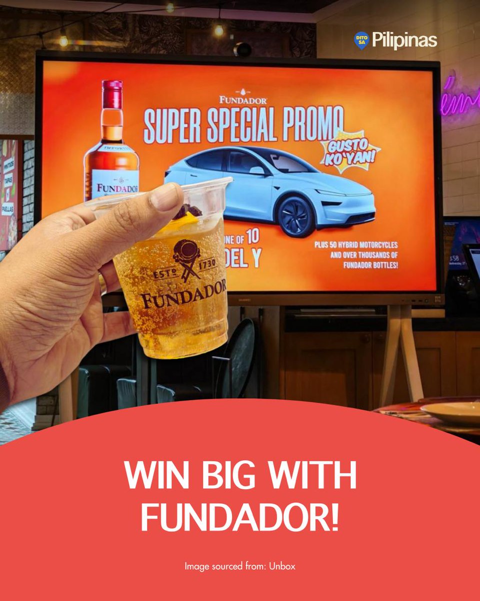 ditosapinas1's tweet photo. WIN BIG WITH FUNDADOR!

Over ₱50 million worth of prizes are on the line in Fundador’s newest nationwide promo, and yes, that includes Teslas. Curious how to win? Stay tuned. 

#KnowMore #FundadorSuperSpecialPromo #DitoSaPilipinas https://t.co/1lHh6Buhgx