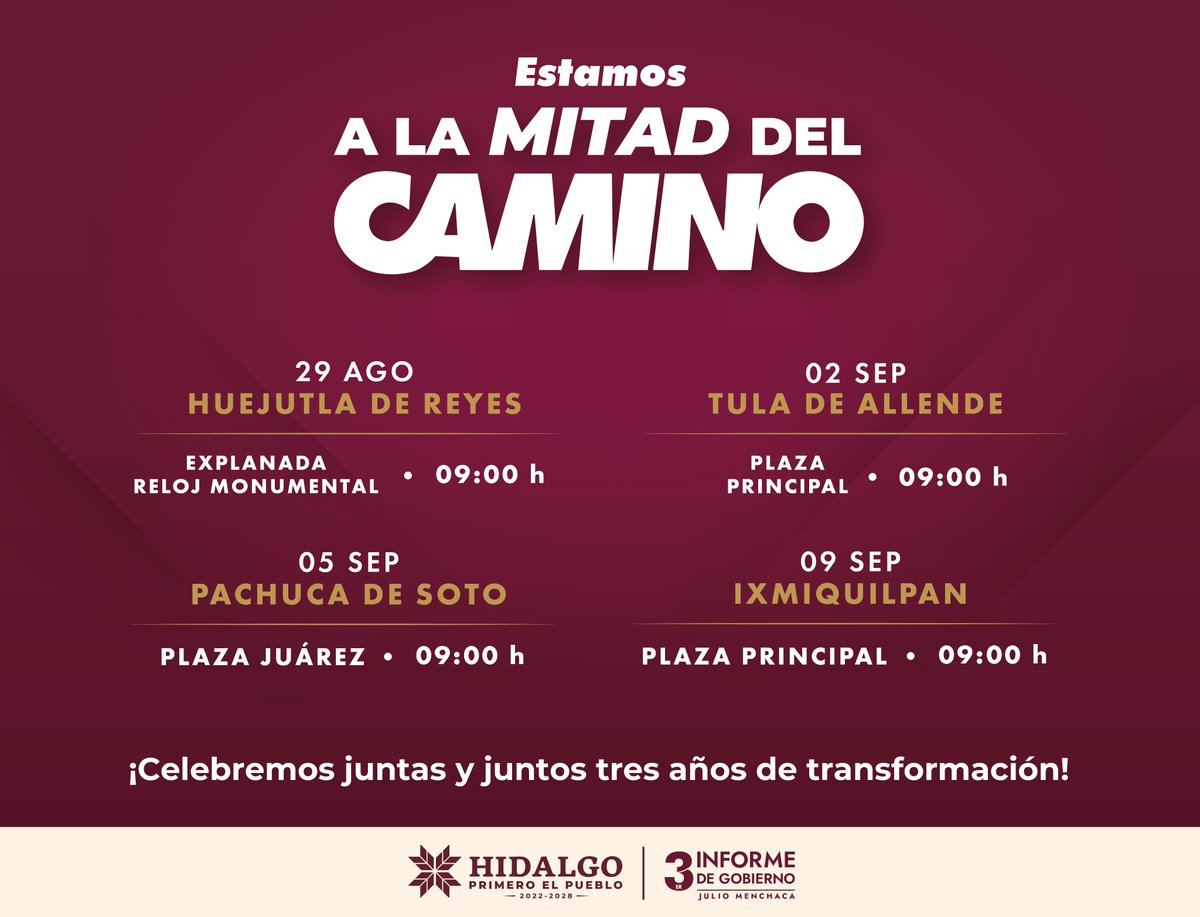 ¡Llegó el momento! 

Cumplimos 3 años de transformación y lo celebraremos juntas y juntos.

Visitamos tu región con buenas noticias y todos los resultados alcanzados #ALaMitadDelCamino. 🛣️

#3erInformeHidalgo
#PrimeroElPueblo
