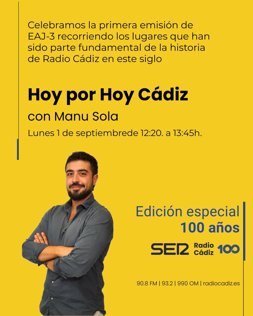 📻 Este próximo lunes celebramos en antena los 100 años desde el comienzo de las emisiones de Radio Cádiz. 

📲 Queremos que los oyentes seáis los protagonistas. Envíanos un audio al 689 41 44 41 contándonos uno de tus recuerdos vinculados a Radio Cádiz y serás parte del programa