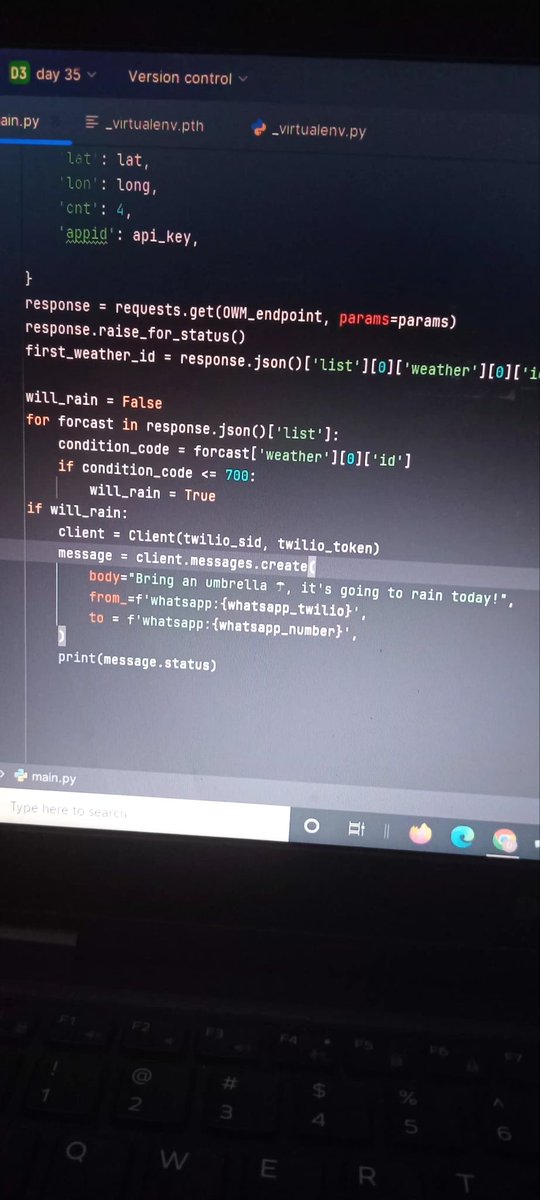 DonaldXoftDev's tweet image. Day39 #100DaysOfCode reboot streak 
Learning API authentication while building a rain alert system 🌧️ on pythonanywhere. SMS with Twilio gave me issues, so I used WhatsApp instead 🫠. 
Also learned to keep environment variables outside the code file 🚀
#python #learningpython