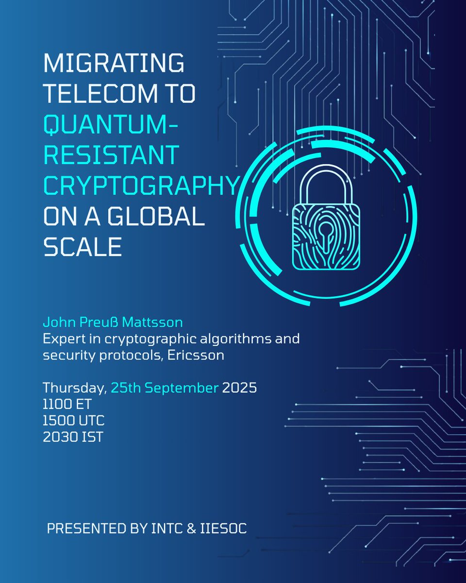 Webinar: Migrating telecom to quantum-resistant crypto. Sep 25 • 11am ET / 3pm UTC / 8:30pm IST. Speaker: John Preuß Mattsson (Ericsson Research).  
Register: us06web.zoom.us/webinar/regist…

#PQC #Telecom #5G #6G #Cybersecurity #IETF #3GPP