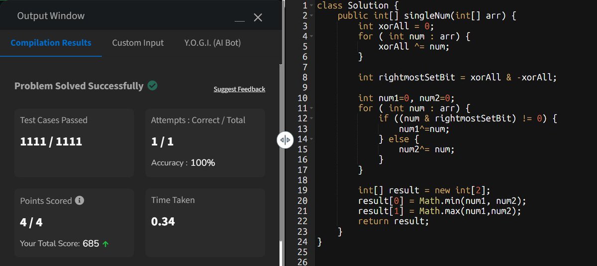 Shivam_Rai_700's tweet photo. Day 160 #gfg160
Two numbers occur once, others twice?
XOR all → find set bit → split groups → XOR → done!
 TC: O(n), SC: O(1)
#DSA #BitMagic https://t.co/AW7G7cMFsZ