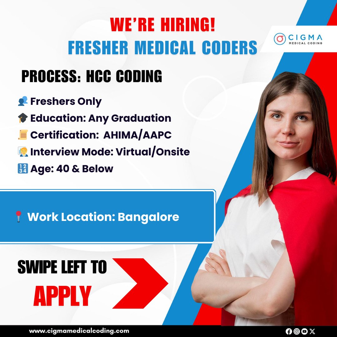 cigmahealthcare's tweet image. Vacancy for HCC Medical Coder - Fresher

Kickstart your career in Medical Coding with an exciting opportunity! 

Apply Now: cigmamedicalcoding.com/job-vacancies/…

If you’re passionate about building your career in healthcare &amp;amp; coding, this is the perfect chance!

#MedicalCoding #HCC #HCCCoding