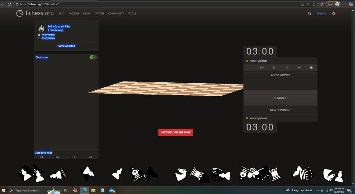 EVERYONE NEEDS TO SEE THIS. So if you go on desktop to lichess, and open a chess board, hit “Shift + F” the pieces fall apart and gives a funny message. Looks to maybe be a reference. Thoughts? <a href="/GothamChess/">GothamChess</a> <a href="/GMHikaru/">Hikaru Nakamura</a> <a href="/GmNaroditsky/">Daniel Naroditsky</a> <a href="/IM_Rosen/">Eric Rosen</a>