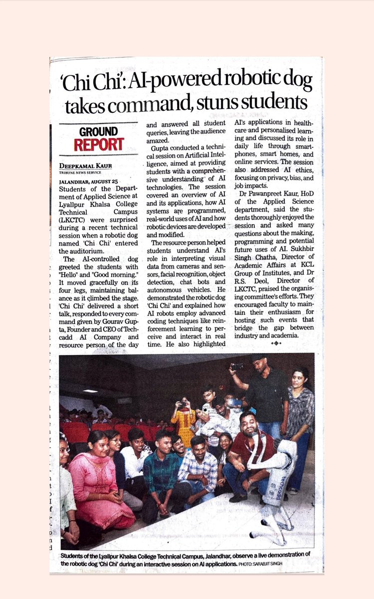 Techcadd_comp's tweet image. The future is not something we enter. The future is something we create.”
We were thrilled to have introduced ‘Chi-Chi’, our AI- robotic dog to the brilliant students of Lyallpur Khalsa College Technical Campus, Jalandhar🎓✨