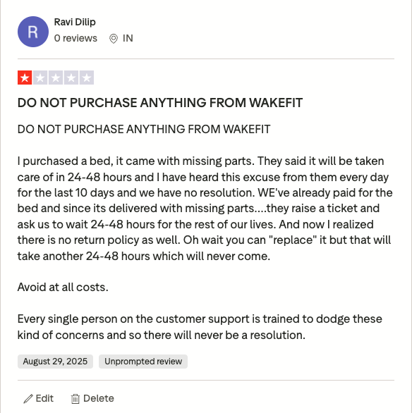 DilipMalave's tweet photo. DO NOT PURCHASE ANYTHING FROM @WakefitCo @SupportWakefit please refund or take your crap product back. 

@Wakefitco delivered a bed with missing parts on - more than 10 days ago. Paid in full, but 12 days later, no fix despite daily "24-48 hr" promises. Customer support dodges accountability, no return policy, only vague replacement offers. Unacceptable service! 🚨 Beware! #Wakefit #ConsumerAlert @InfiniChai 

I purchased a bed, it came with missing parts. They said it will be taken care of in 24-48 hours and I have heard this excuse from them every day for the last 10 days and we have no resolution. WE've already paid for the bed and since its delivered with missing parts....they raise a ticket and ask us to wait 24-48 hours for the rest of our lives. And now I realized there is no return policy as well. Oh wait you can "replace" it but that will take another 24-48 hours which will never come.

Every single person on the customer support is trained to dodge these kind of concerns and so there will never be a resolution.

Avoid at all costs.