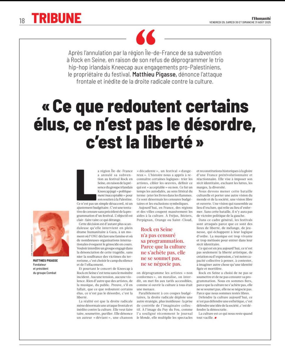 Matthieu Pigasse (@mpigasse) on Twitter photo Ma tribune dans <a href="/humanite_fr/">L'Humanité</a> sur la guerre culturelle engagée par la droite radicale <a href="/rockenseine/">Rock en Seine</a> <a href="/KNEECAPCEOL/">KNEECAP</a> <a href="/iledefrance/">Région Île-de-France</a>
La Région Île-de-France a annulé sa subvention au festival Rock en Seine, en raison de la présence du groupe irlandais Kneecap jugé “politiquement Ma tribune dans <a href="/humanite_fr/">L'Humanité</a> sur la guerre culturelle engagée par la droite radicale <a href="/rockenseine/">Rock en Seine</a> <a href="/KNEECAPCEOL/">KNEECAP</a> <a href="/iledefrance/">Région Île-de-France</a>
La Région Île-de-France a annulé sa subvention au festival Rock en Seine, en raison de la présence du groupe irlandais Kneecap jugé “politiquement