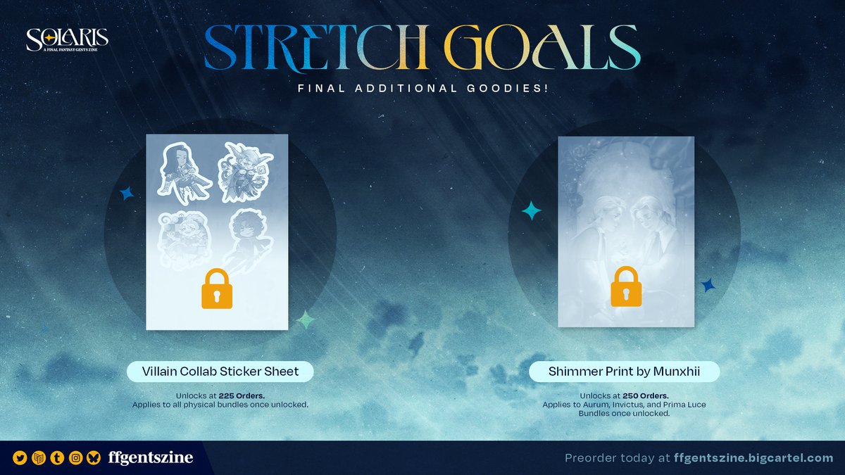 ffgentszine's tweet photo. ☀️ ADDITIONAL STRETCH GOALS 🔒

Due to the overwhelming support, we're so excited to announce two additional (final) stretch goals! ☺️ Help us unlock them for a full preview 💙

🔒 Collab Villain Sticker Sheet
🔒 Shimmer Print by @munxhii 

🛒 https://t.co/17yHEn4tQT https://t.co/mLHDhQzUGC