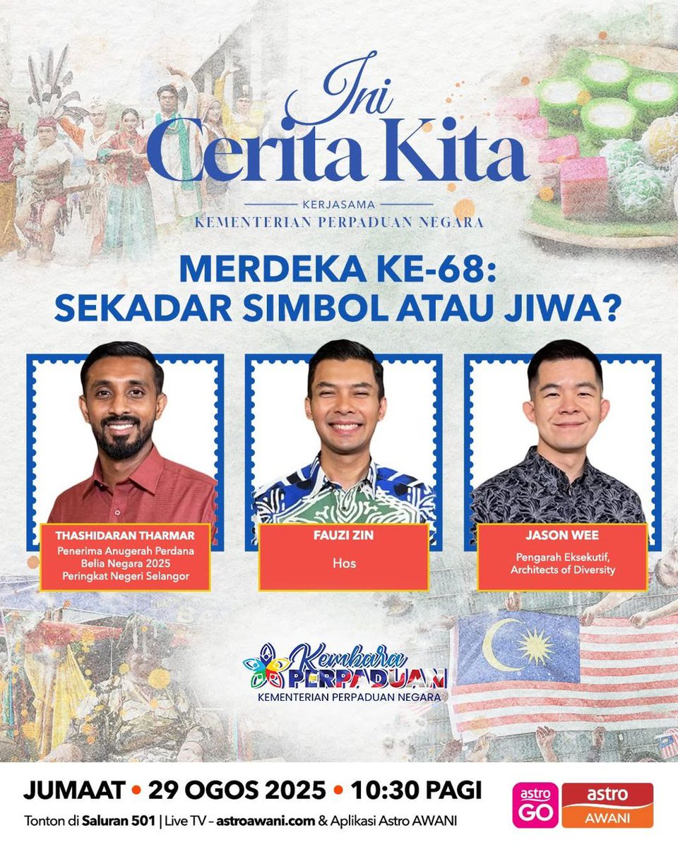 PerpaduanNegara's tweet photo. Kementerian Perpaduan Negara dengan kerjasama ASTRO AWANI membawakan sebuah rancangan khas berjudul “Ini Cerita Kita”.

Ayuh jom kita saksikan episod pertama, hari ini 29 Ogos, jam 10:30 pagi!

#AAD
#MalaysiaMADANI
#KembaraPerpaduan
#HarmoniMADAN https://t.co/JpCklINI0J