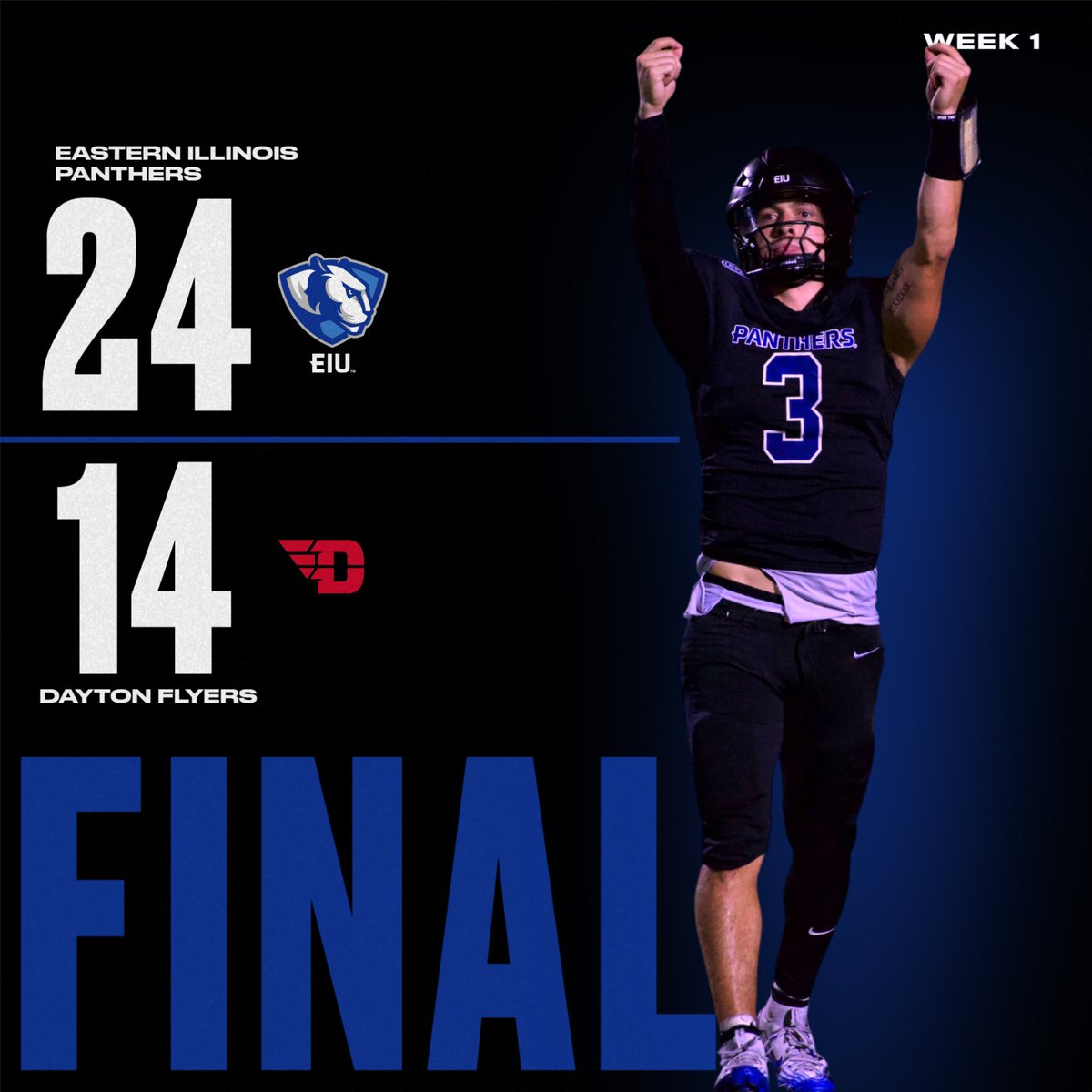 Eastern Illinois Football (@eiu_fb) on Twitter photo ‼️That's an EIU Panthers VICTORY‼️
EIU: 24
Dayton: 14    
#WeNotMe | #BleedBlue | #WinTheDay ‼️That's an EIU Panthers VICTORY‼️
EIU: 24
Dayton: 14    
#WeNotMe | #BleedBlue | #WinTheDay