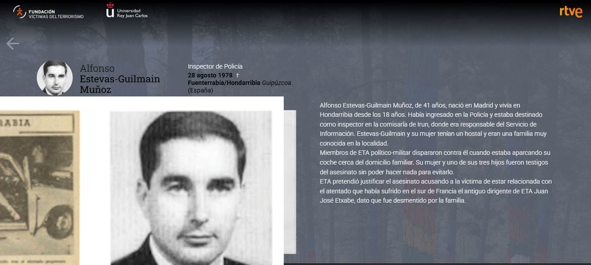 AnaAbueloGC's tweet image. 🇪🇸#28Agosto2025
🩸ETA ASESINOS🩸
🩸⚖️Sin Resolver/ Autorías/Condenas⚖️

🩸Con reivindicación📞🗞️eco  a 🇪🇸🗞️prensas  "haiógrafa ETA🗞️📰(Eguín)🩸
Testigos, su mujer y uno de sus 3 hijos
🇪🇸@policia🕯️👪💐
 ALFONSO ESTEVAS-GUILMAIN MUÑOZ
#Fuenterrabía  #Guipuzcoa (1978)
@Cep_PaisVasco