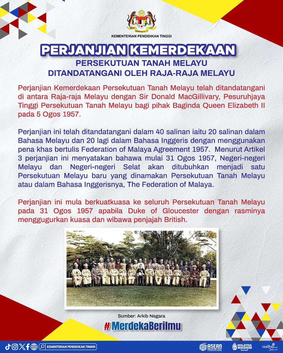 MOHEOfficial's tweet photo. #MerdekaBerilmu
PERJANJIAN KEMERDEKAAN PERSEKUTUAN TANAH MELAYU DITANDATANGANI OLEH RAJA-RAJA MELAYU
Baca lanjut di : https://t.co/BxGnGZRvnQ
@ZambryOfficial @MustaphaSakmud_
#MalaysiaMADANI
#MADANIBekerja
#RancakMADANI https://t.co/jism51f4A2