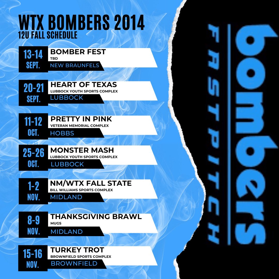 🚨 Spring Season Loading… 🚨
Excited to announce my WTX Bombers 12U schedule! 🥎💙 Time to put in work, chase dubs, and showcase my skills all season long! 🔥

📅 Upcoming Tournaments:
13-14 Sept • Bomber Fest • New Braunfels
20-21 Sept • Heart of Texas • Lubbock
11-12 Oct