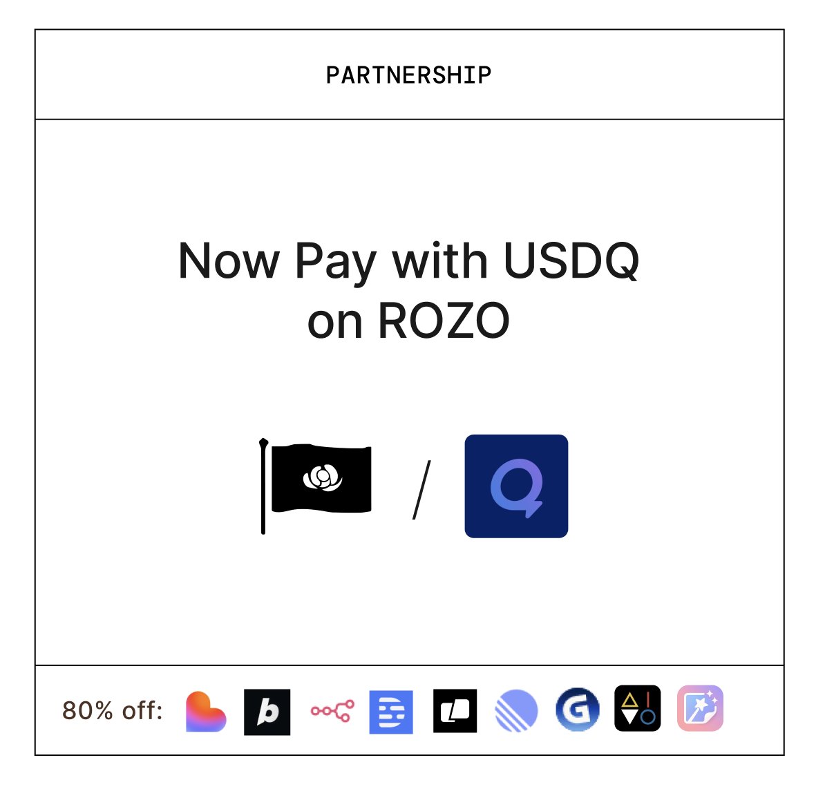 Big news: You can now pay with USDQ on ROZO! 
🤖 Now on ROZO, pay with USDQ <a href="/Quantoz/">Quantoz</a> to access leading AI services — Bolt, n8n, Descript, Warp — at 80% OFF.  From code to creativity, spend stablecoins like cash.  
Excited to introduce our latest partners. 👇