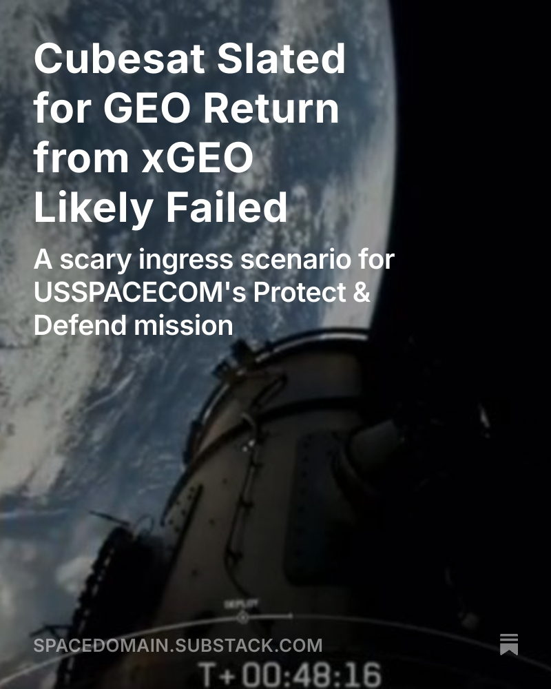 shell_jim's tweet image. *** Commercial Space Tug with 16U Cubesat Likely NOT to Return to GEO from xGEO ***
It appears that Chimera GEO-1 (63100 / 2025-038B) will likely NOT make an unsuspecting appearance in geosynchronous orbit
Substack article here: spacedomain.substack.com/p/cubesat-slat…