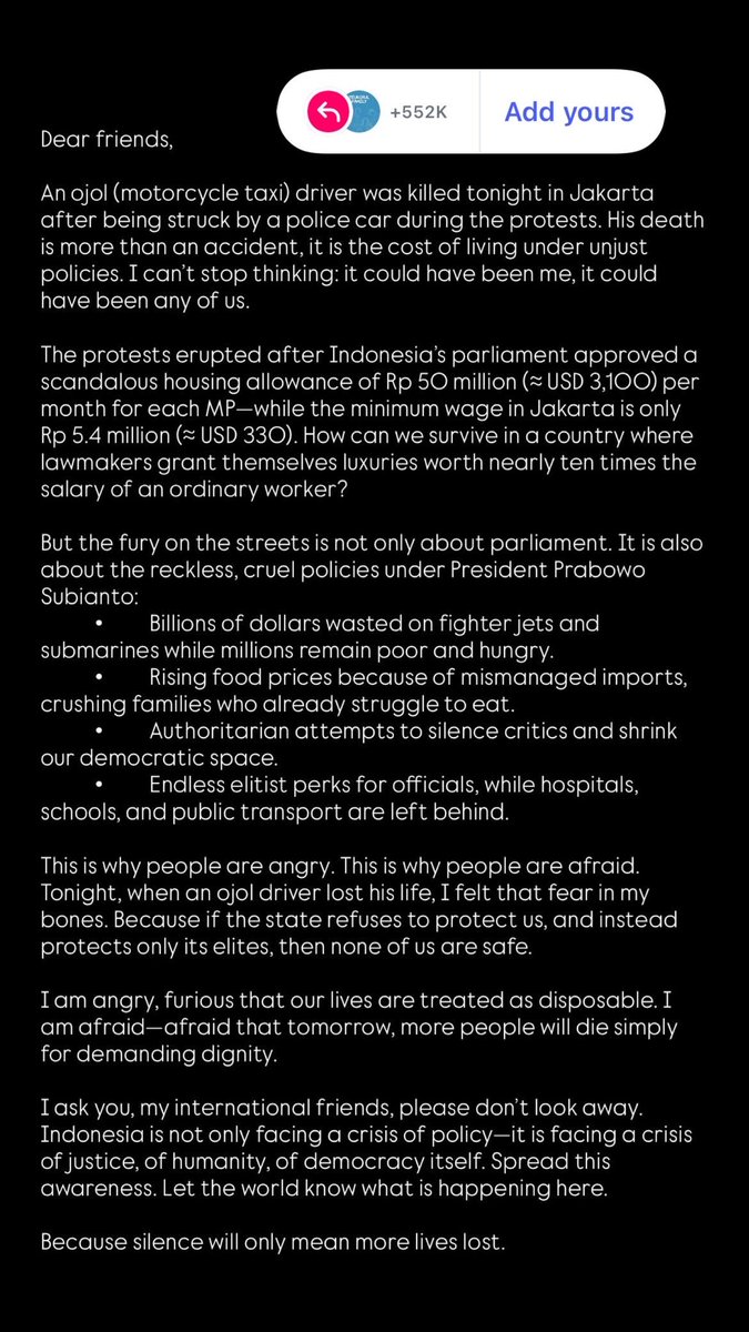 TeukchulFamily's tweet photo. Let's put down our light sticks for now❗️

Lives have already been lost during the fight for justice in Indonesia

Silence is no longer an option.
Share this.
Amplify this. https://t.co/LpFPMPjTx5