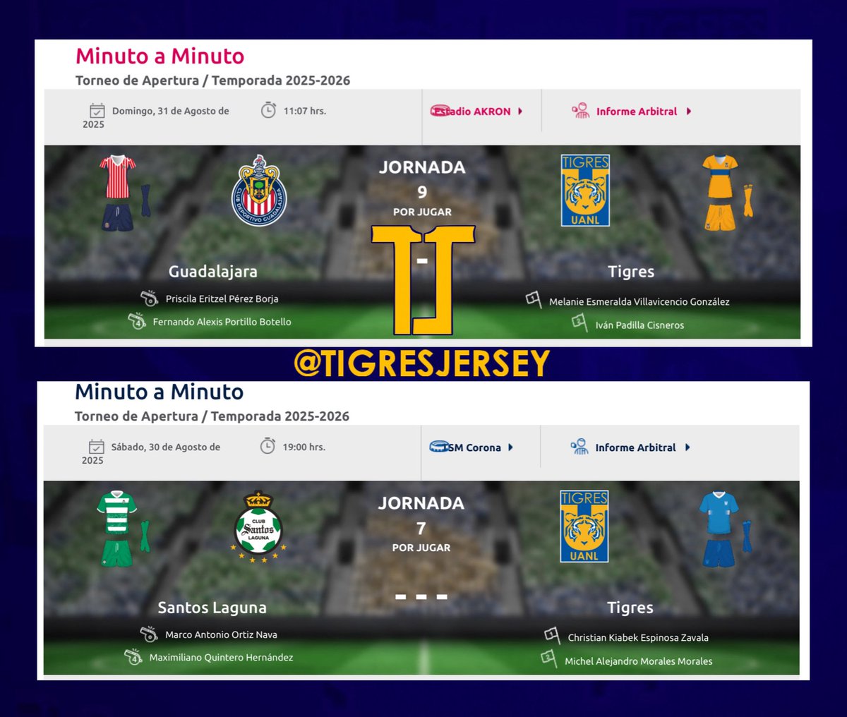 #TigresJersey (@tigresjersey) on Twitter photo Para este fin de semana, <a href="/TigresFemenil/">Club Tigres Femenil 🐯</a> visita a <a href="/ChivasFemenil/">Chivas Femenil</a> con uniforme de local.
Por el otro lado, <a href="/TigresOficial/">Club Tigres 🐯</a> a Torreón ante <a href="/ClubSantos/">Club Santos</a> con el uniforme de visita <a href="/adidasMX/">adidas México</a>, por si alguien lo extrañaba. Para este fin de semana, <a href="/TigresFemenil/">Club Tigres Femenil 🐯</a> visita a <a href="/ChivasFemenil/">Chivas Femenil</a> con uniforme de local.
Por el otro lado, <a href="/TigresOficial/">Club Tigres 🐯</a> a Torreón ante <a href="/ClubSantos/">Club Santos</a> con el uniforme de visita <a href="/adidasMX/">adidas México</a>, por si alguien lo extrañaba.