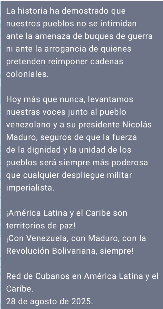 Declaración de La Red de Cubanos Residentes en América Latina y el Caribe rechaza el nuevo despliegue militar de los Estados Unidos en el mar Caribe, una acción de carácter provocador y desestabilizador que atenta contra la paz y la soberanía de los pueblos de la Región. 👇