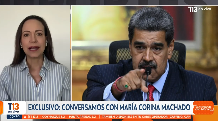 T13's tweet photo. "Todo el que levanta la voz es detenido", dice María Corina Machado en conversación con Mónica Pérez.

EN VIVO » https://t.co/tdFda9u6VH https://t.co/8bp1zGZ4zy